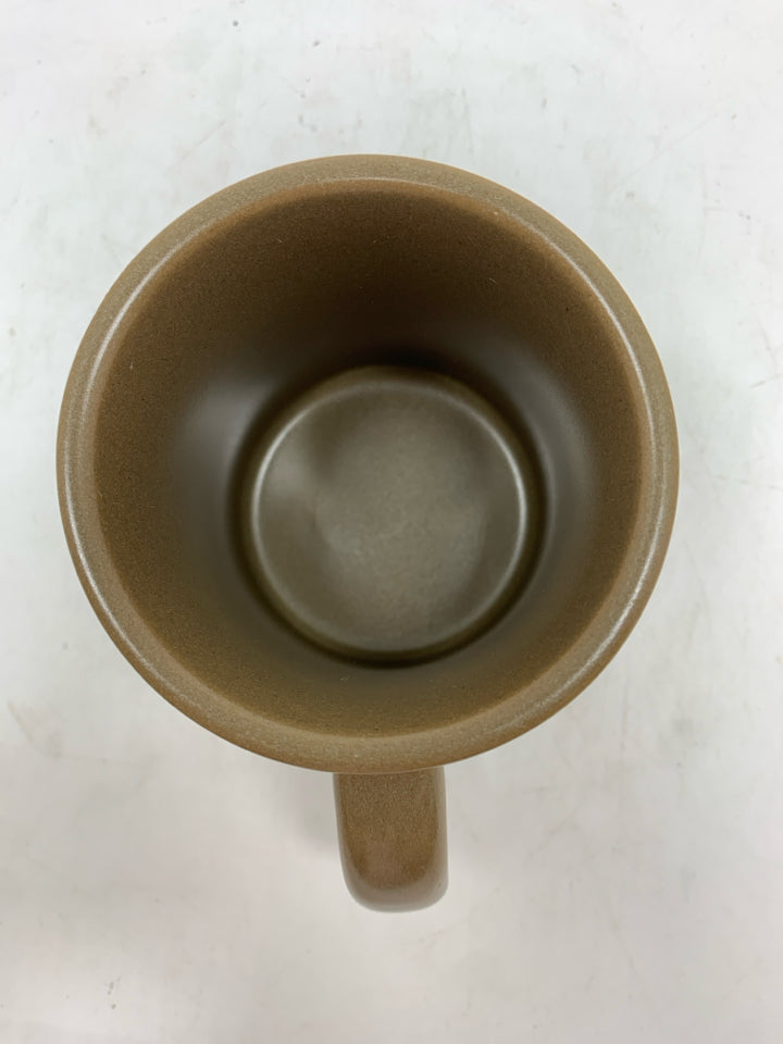 4 BROWN STONEWARE MUGS.