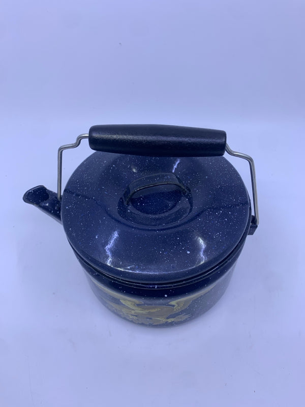 BLUE WITH WHITE SPECKLED METAL TEAPOT.