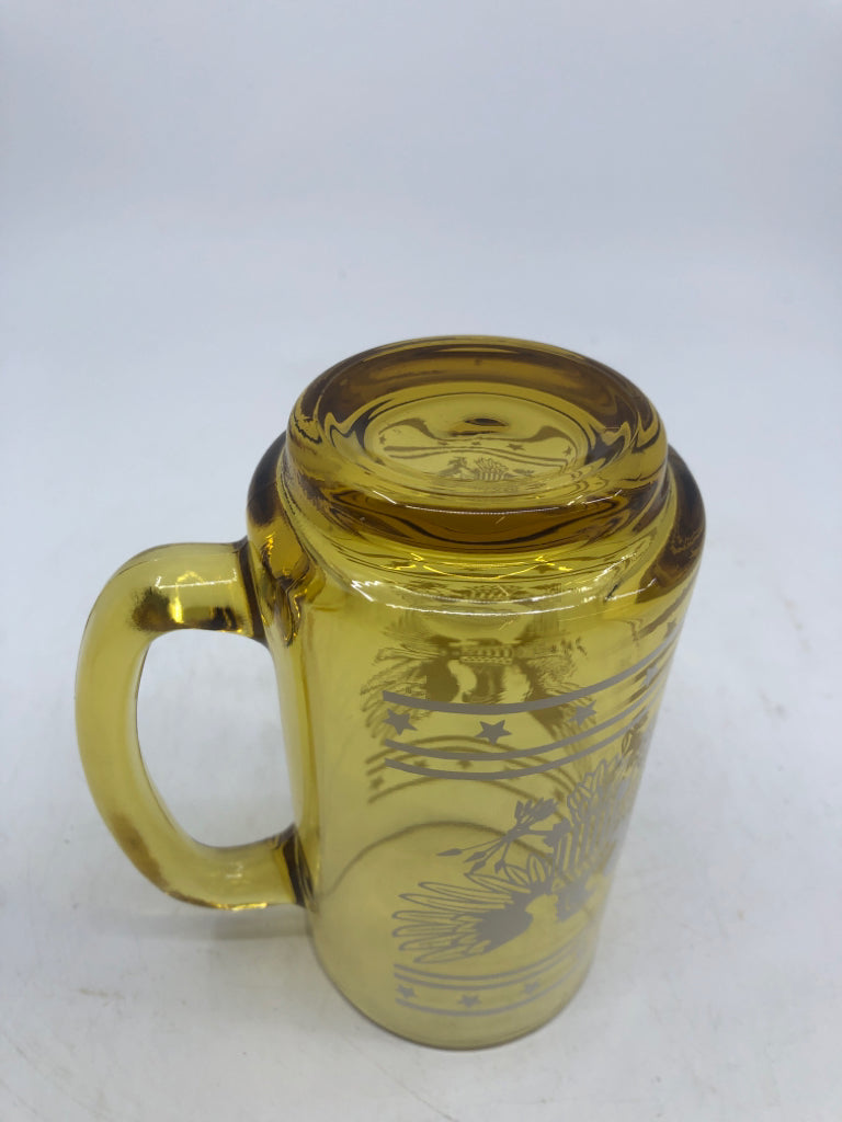 6 AMBER GLASS BEER MUG W/ WHITE PRINTED EAGLE.