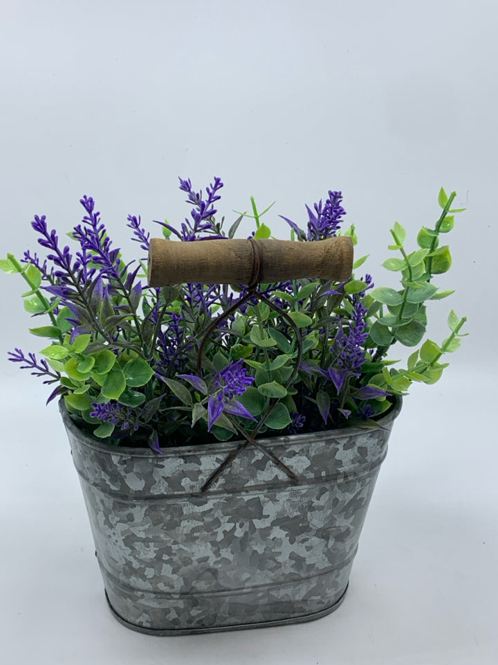 FAUX LAVENDER IN GALVANIZED BUCKET.