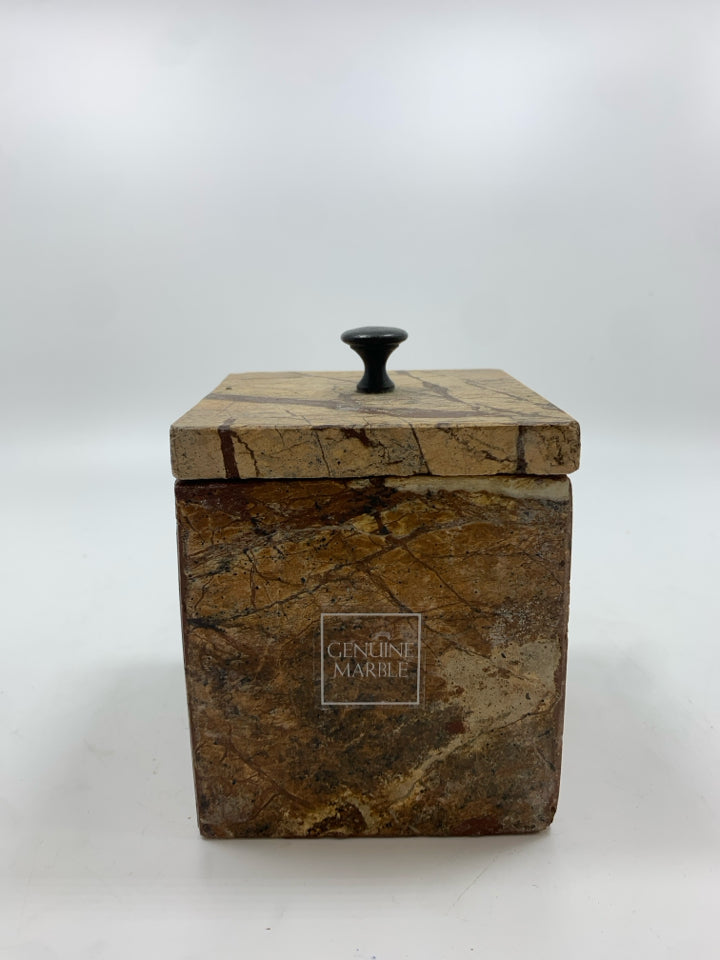 BROWN MARBLE SQUARE JAR W/LID.