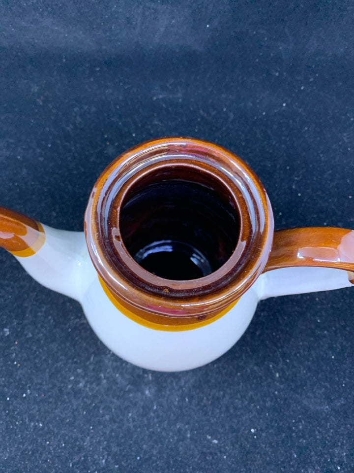 VTG PALE GREY COFFEE POT-W BROWN RIM.