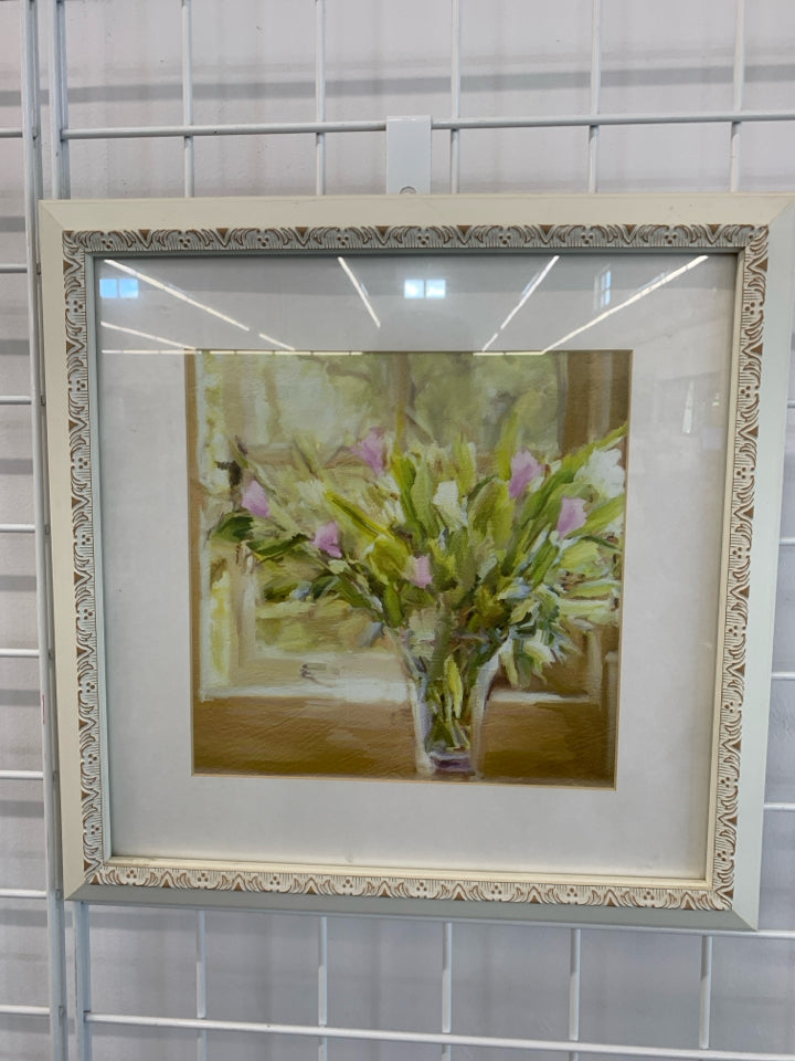 PAINTED FLOWERS BY WINDOW IN WHITE FRAME.