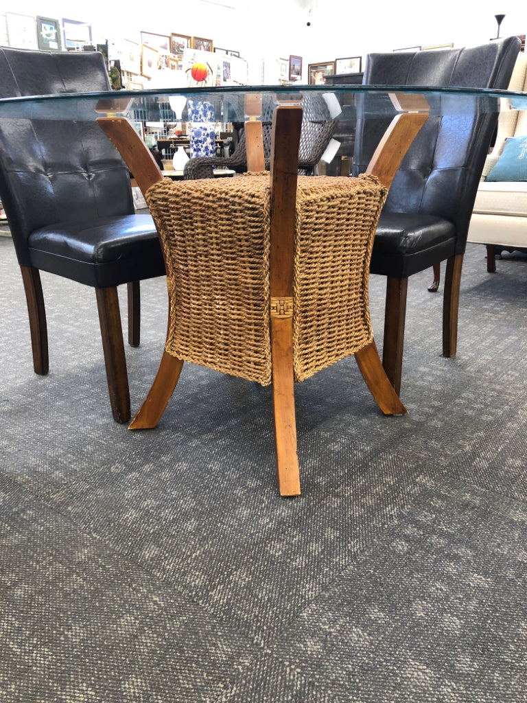 OVAL GLASS TABLE W/WICKER WRAPPED WOOD BASE, 4 BROWN FAUX LEATHER CHAIRS.