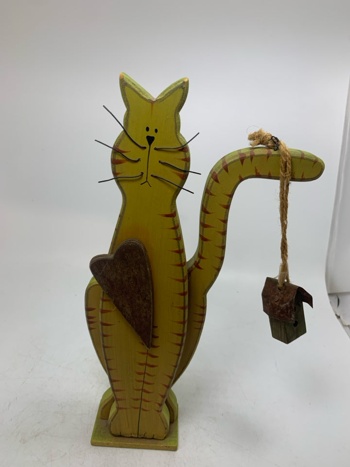 STANDING WOOD STRIPED ORANGE CAT W/ BIRDHOUSE ON TAIL.