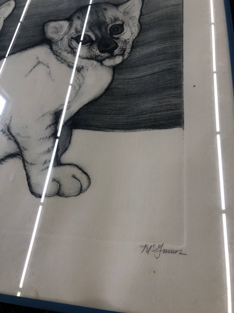 CUBS CAT SKETCH IN BLUE FRAME WALL ART.