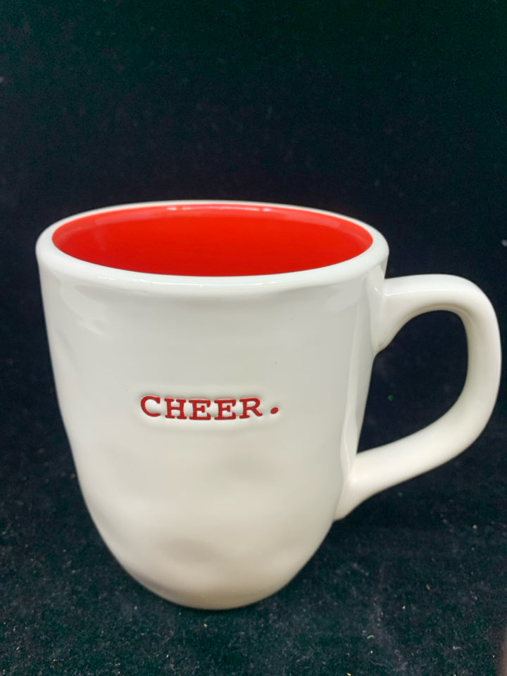 WHITE W/ RED CHEER COFFEE MUG-RAE DUNN-5"