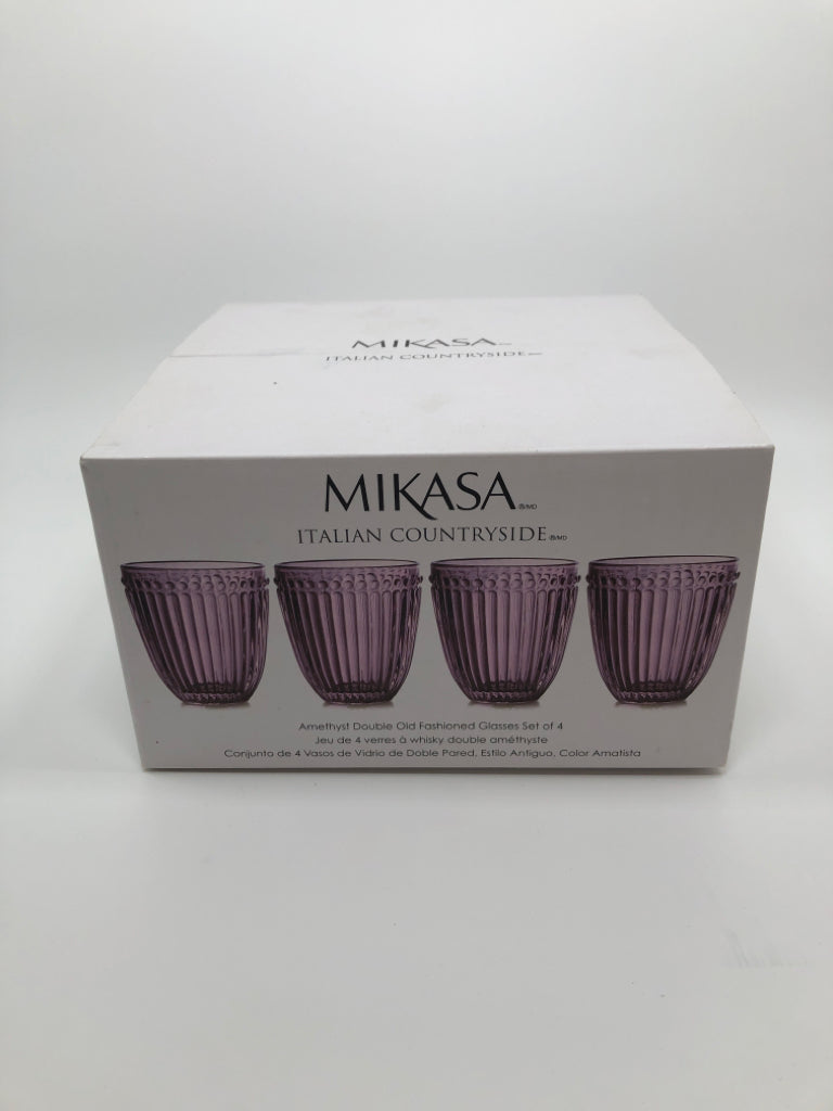 NIB 4PC MIKASA AMETHYST DOUBLE OLD FASHIONED GLASSES.