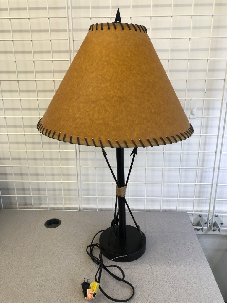 METAL ARROW LAMP W/LEATHER SHADE.