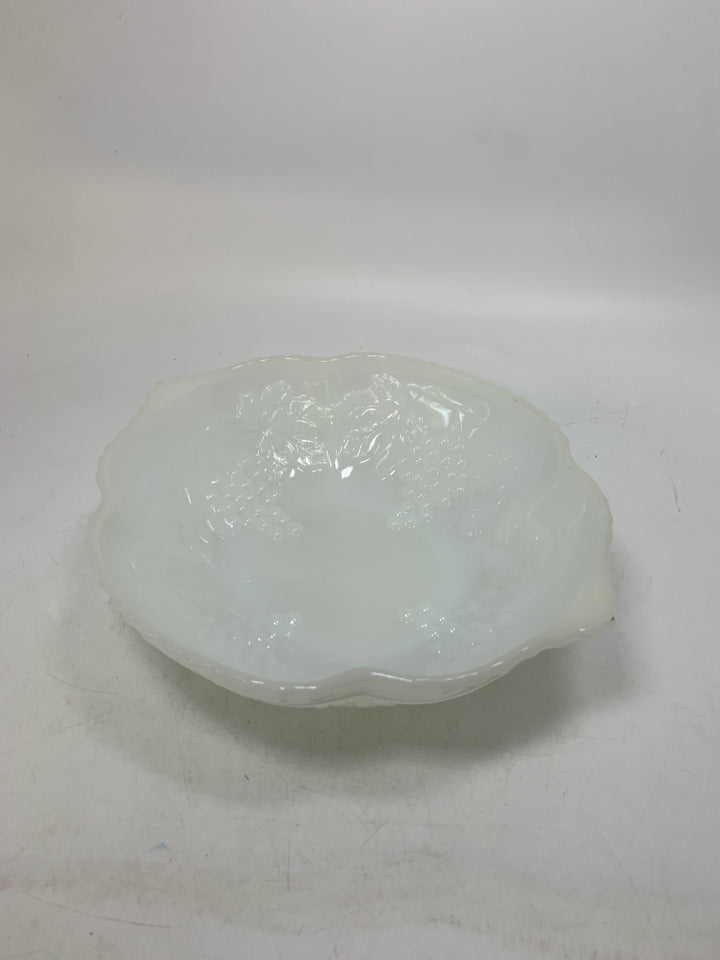 MILK GLASS BOWL W/ EMBOSSED GRAPES.