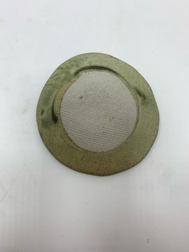 FUSED GREEN GLASS STONEWARE POTTERY DISH.