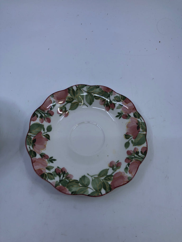 PINK FLORAL WATER COLOR TEACUP AND SAUCER.