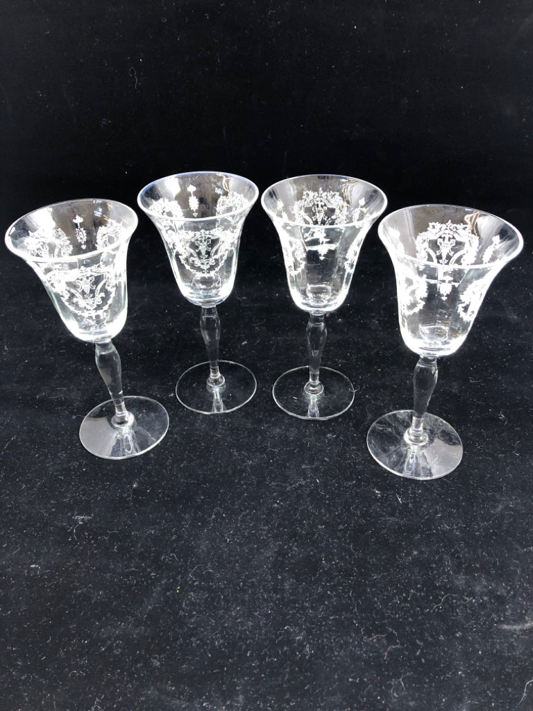 4 CLEAR ETCHED FLORAL SHERRY GLASSES.