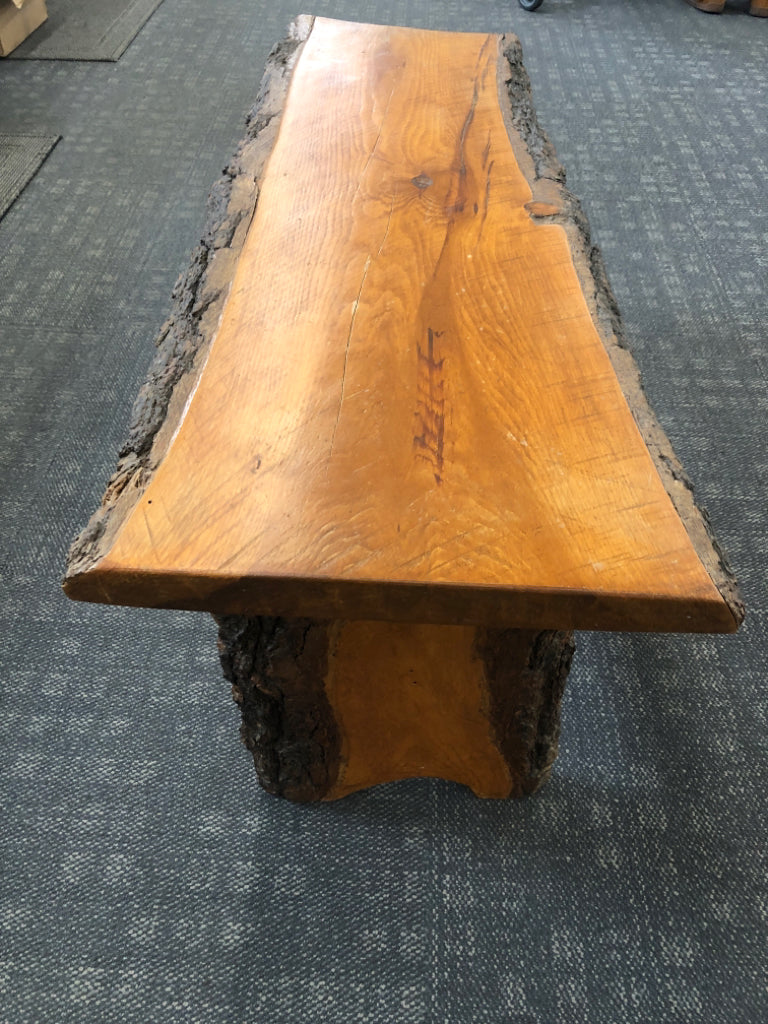 HANDCRAFTED SOLID OAK TREE LIVE EDGE BENCH.