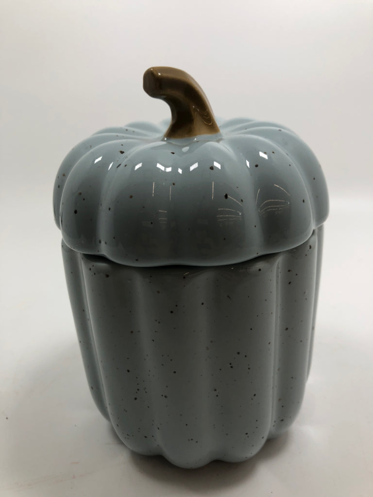 BLUE SPECKLED CERAMIC PUMPKIN JAR.