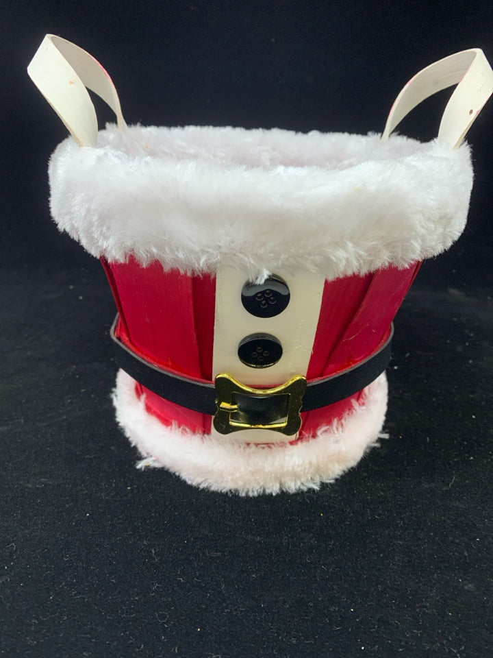 WOODEN SANTA BUCKET W/WHITE PLUSH RIM & BUCKLE.