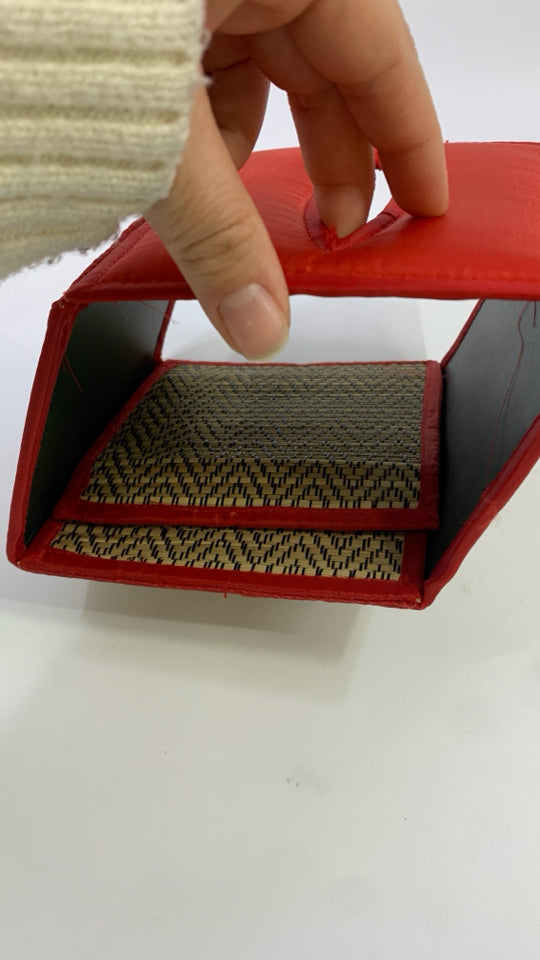 RED FABRIC W/STITCHED ELEPHANTS TISSUE COVER.