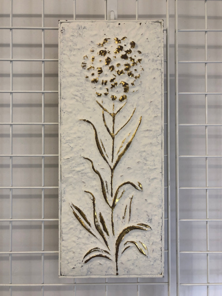 GOLD DANDELION WHITE WASHED METAL WALL HANGING.