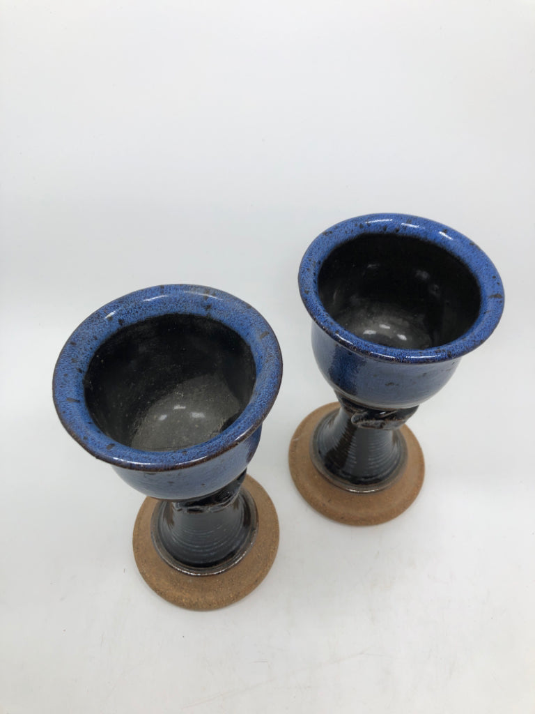 2 BLUE DRIP GLAZE CANDLE HOLDERS W/PEDESTAL BASE.