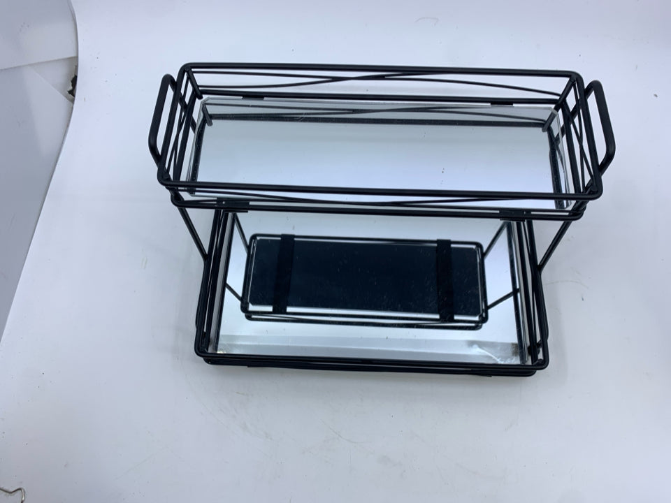 2 TIER BLACK METAL/GLASS MIRROR MAKEUP ORGANIZER.
