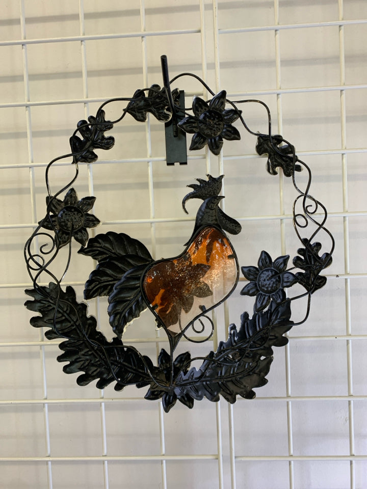 METAL WIRE ROOSTER WREATH SUNFLOWERS.
