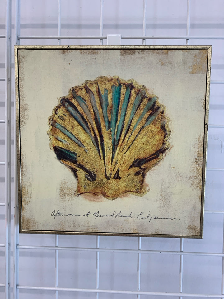 CLAM SHELL PAINTING IN GOLD FRAME.