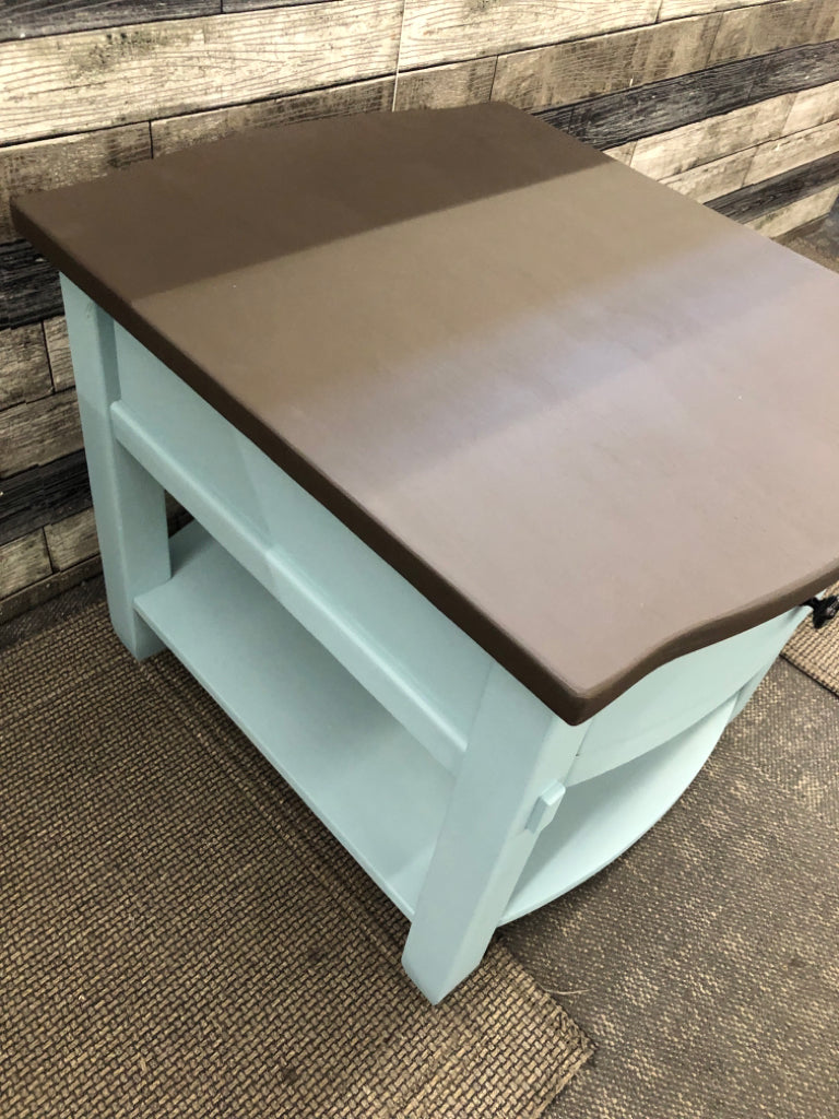 TEAL SIDE TABLE W/DARK BROWN PAINTED TOP+1 DRAWER.