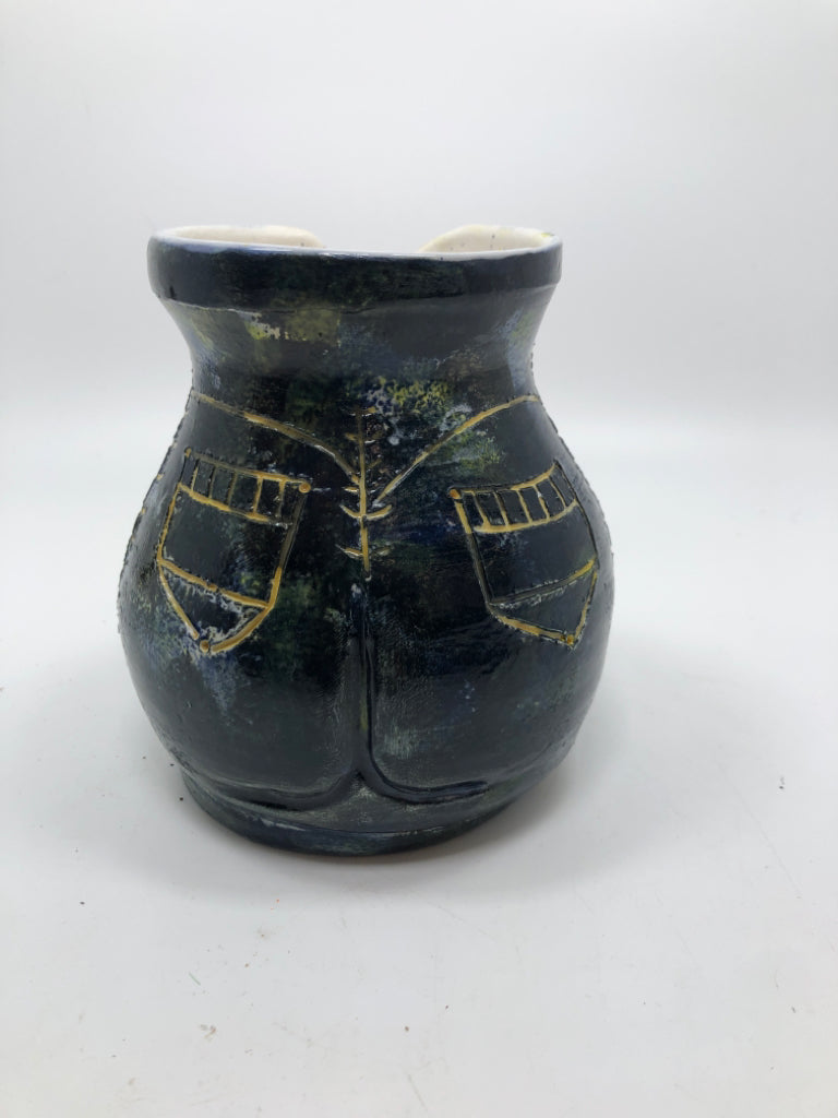 BLUE JEAN SHAPED POTTERY VASE.