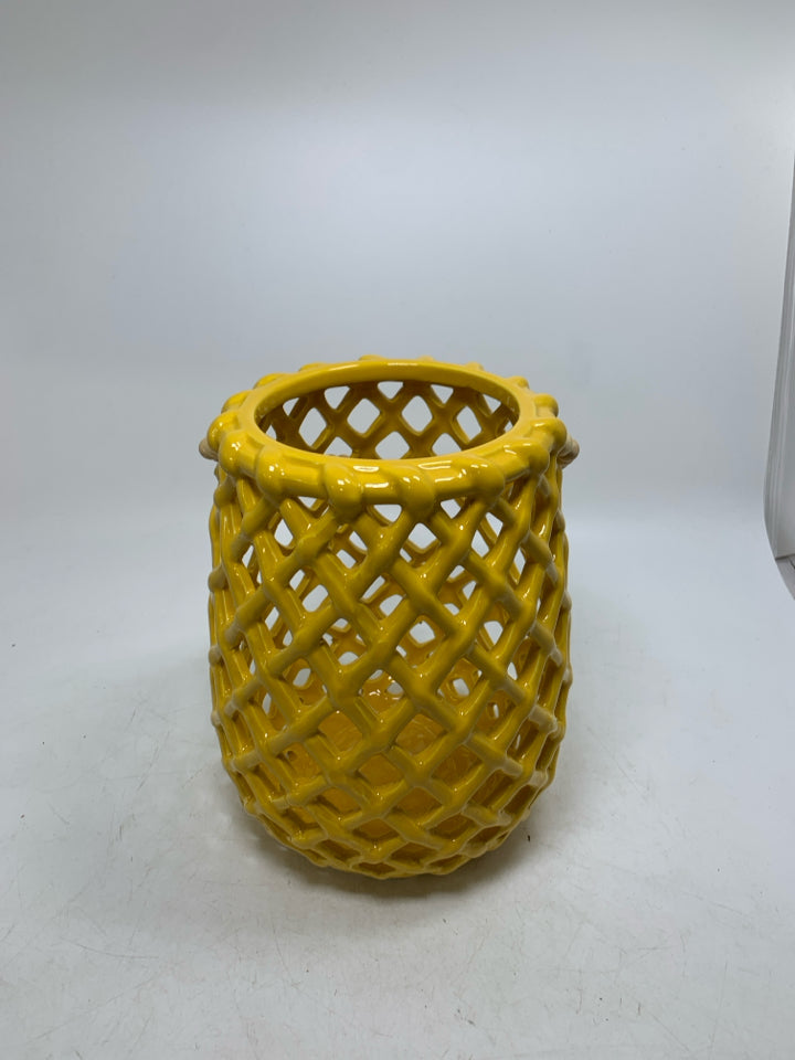 CERAMIC SLOTTED HANGING LANTERN W/ BEADED HANDLE.