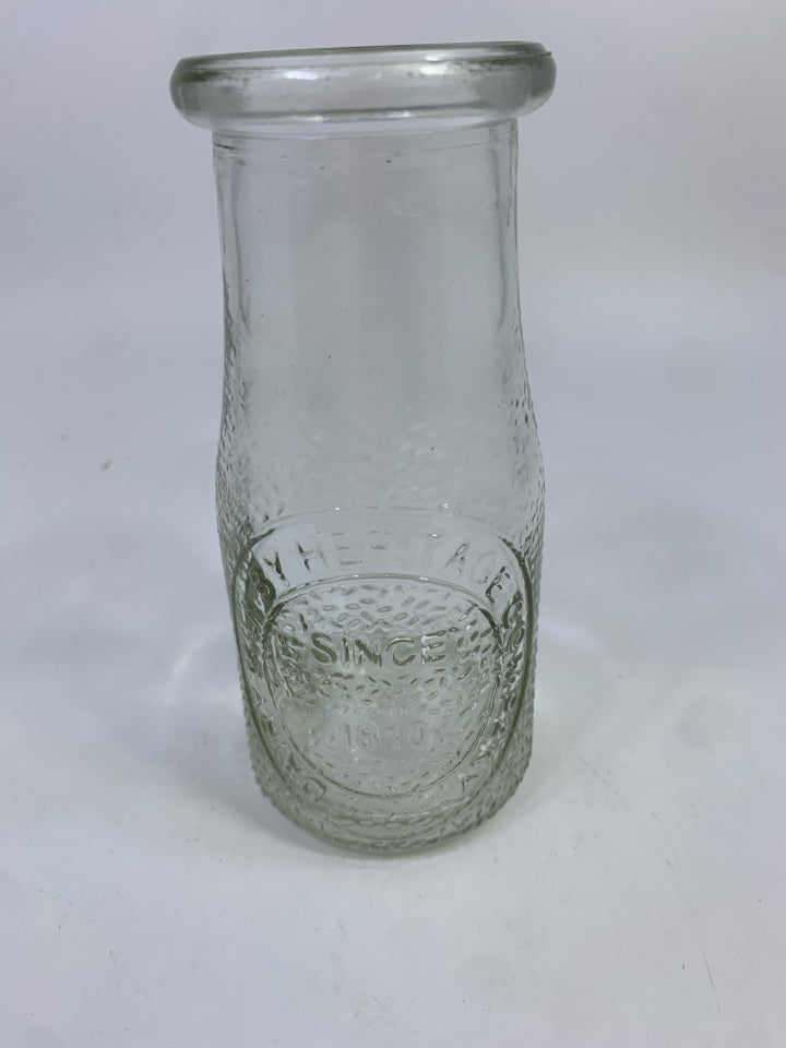 SMALL DAIRY MILK CLEAR GLASS BOTTLE.