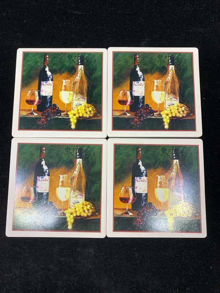 4 NIB WINE BOTTLES STONE COASTERS IN STAND.