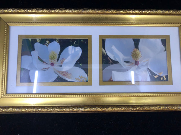 GOLD FRAME W/ 2 WHITE FLOWER PICTURES WALL ART.