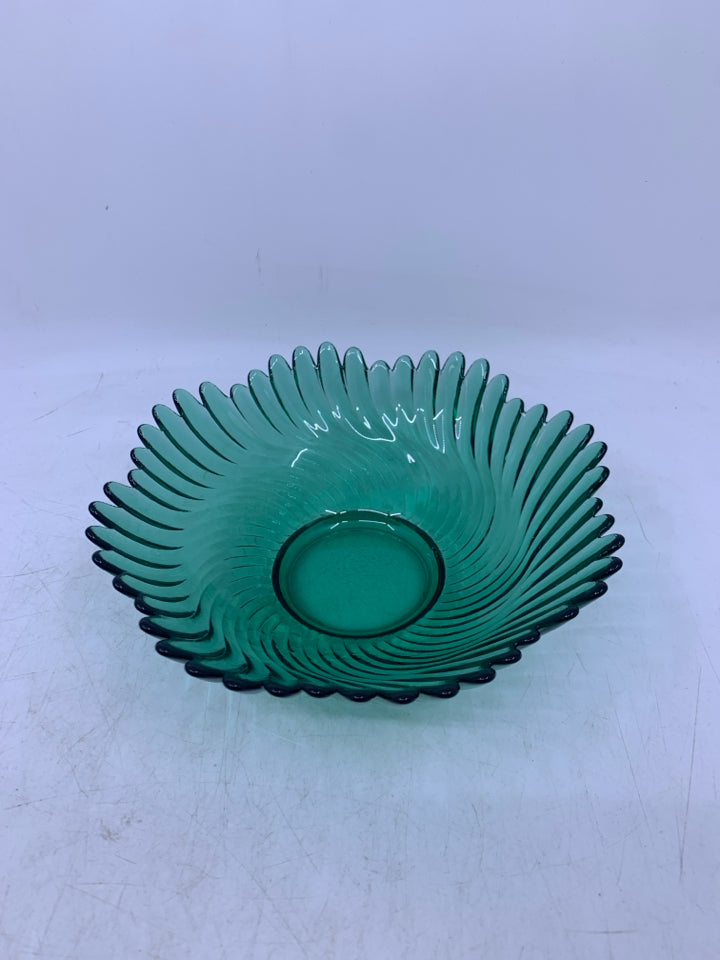 AQUA GREEN GLASS CATCH ALL W/ UNEVEN EDGES.