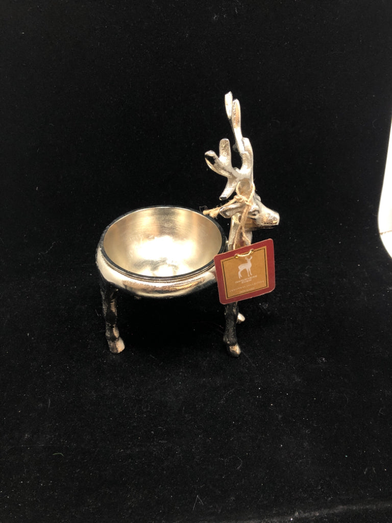 NWT 2 PC SILVER METAL REINDEER STAND W/ BOWL.