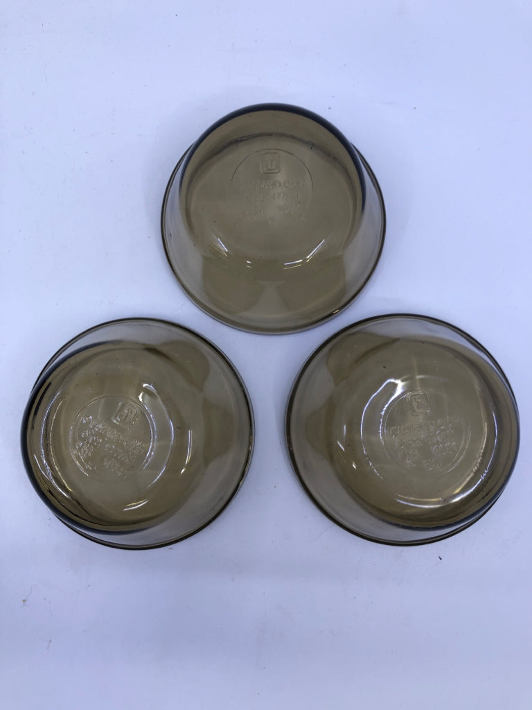 3 ANCHOR HOCKING BROWN SAUCE CUPS.