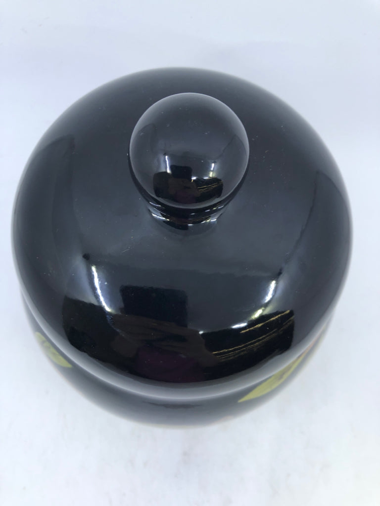 3 BLACK CANISTERS W/ PAINTED RED APPLES/BRANCHES.
