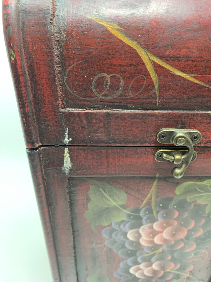 WOOD WINE BOX W/PAINTED GRAPES.