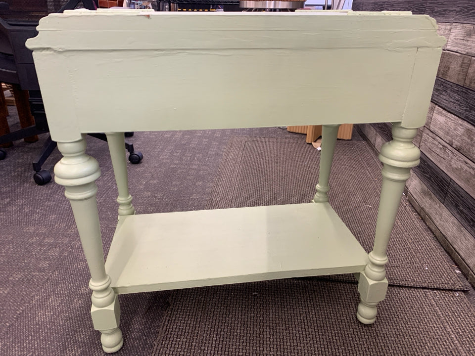 SMALL GREEN BOTTOM SHELF GOLD STUDDED SIDE TABLE.
