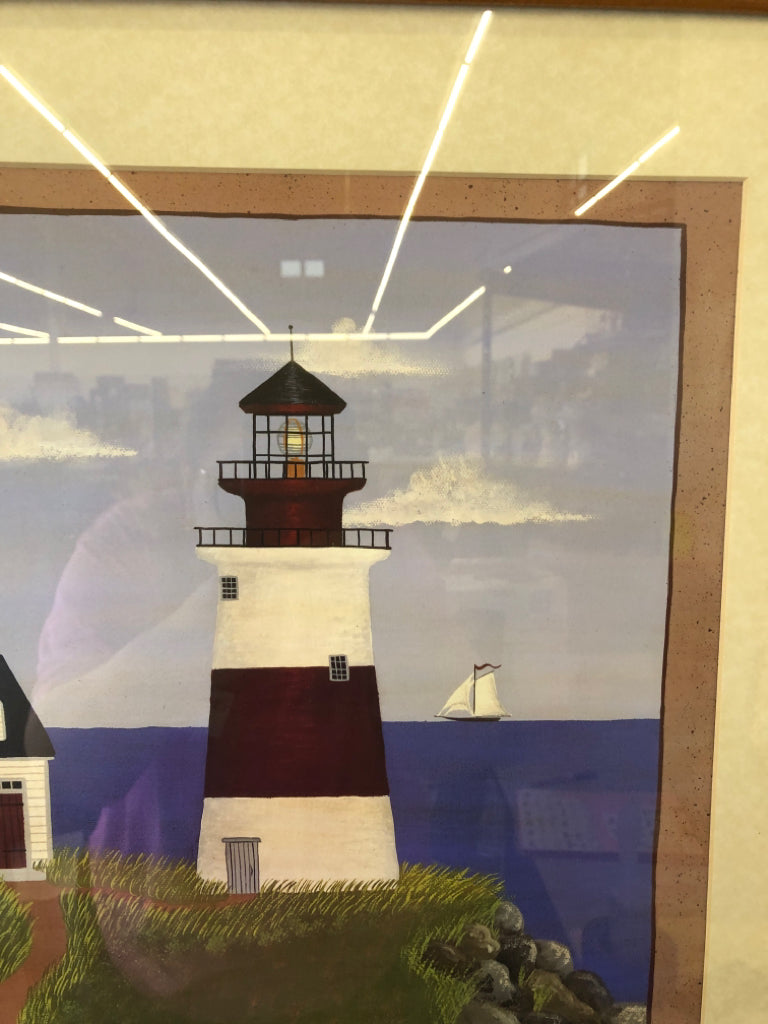 LIGHTHOUSE NEXT TO A WHITE HOUSE ON THE WATER WALL ART.