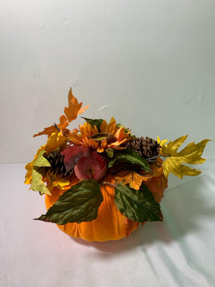 VELOUR ORANGE PUMPKIN W/ W/ FAUX FALL BOUQUET.