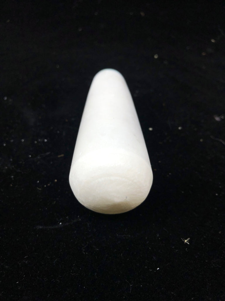 SMALL WHITE MARBLE MORTAR & PESTLE W/ IRIDESCENT SHELL RIM.