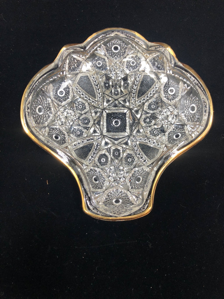 CUT GLASS SHELL SHAPED DISH W/GOLD RIM.