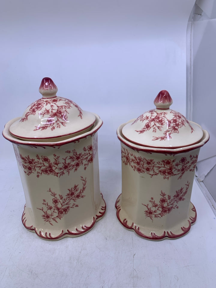 2 IVORY & RED FLORAL CANISTERS.
