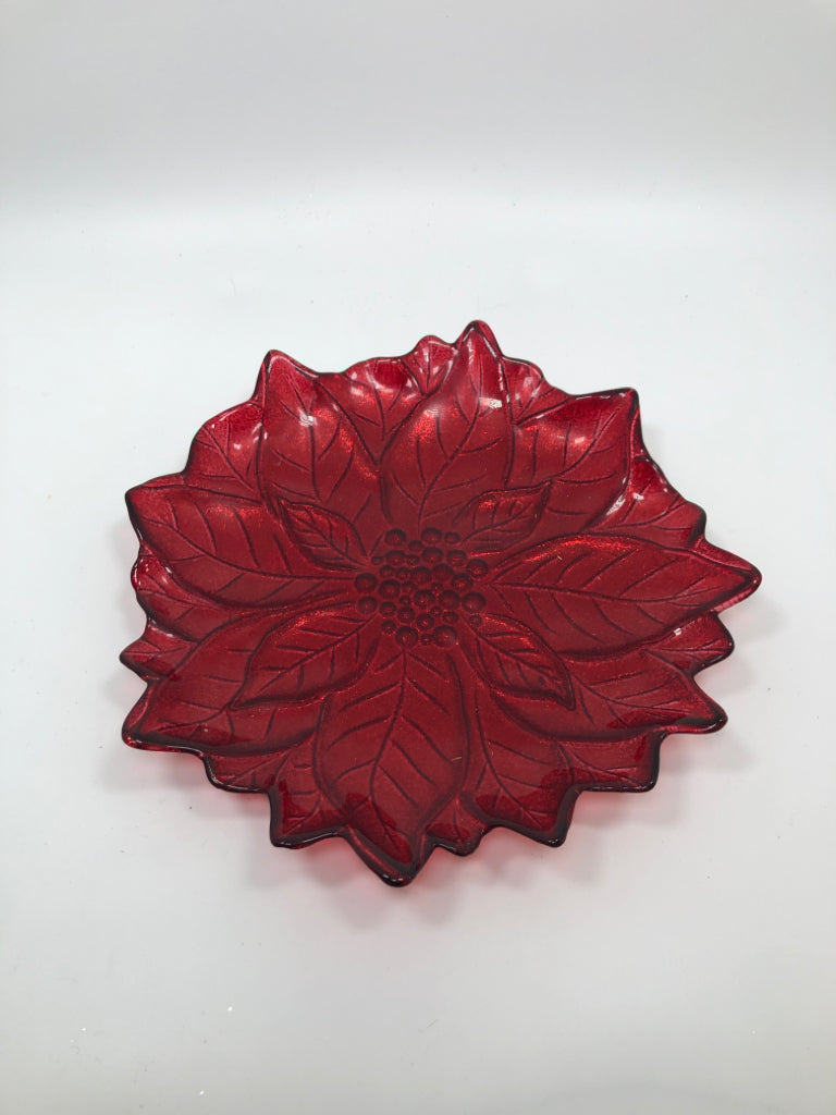 RED POINSETTIA SHAPED GLASS DISH.