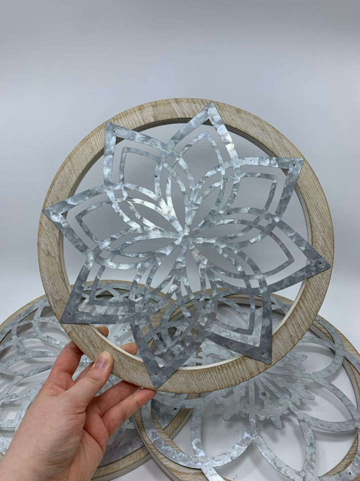 3PC ROUND WOOD AND METAL MANDALA WALL HANGINGS.