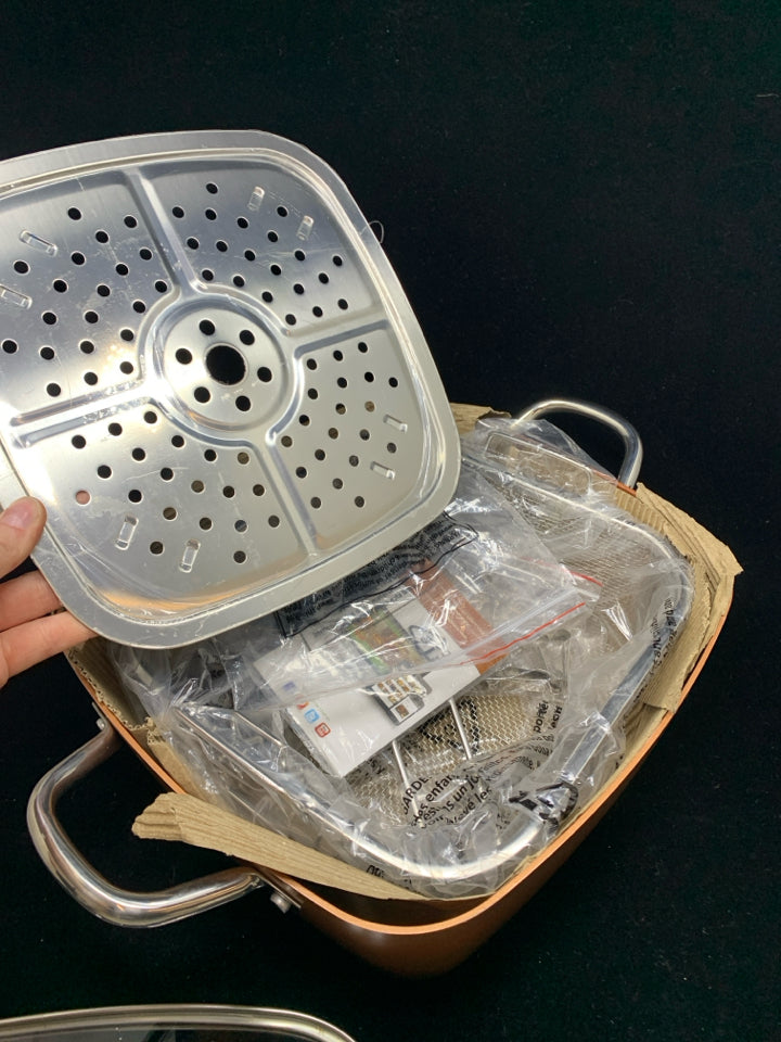 NEW 4 PC SQUARE COPPER DEEP FRYING PAN.