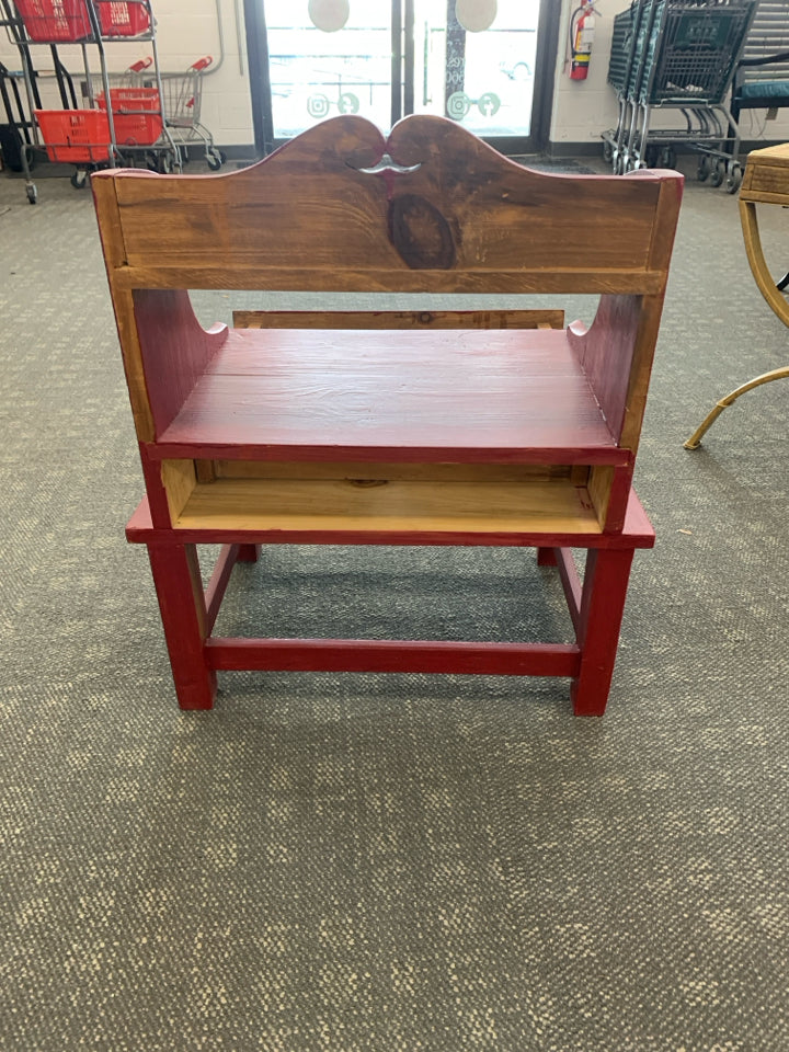 RED PAINTED WOOD TABLE WITH SHELF AND DRAWER.