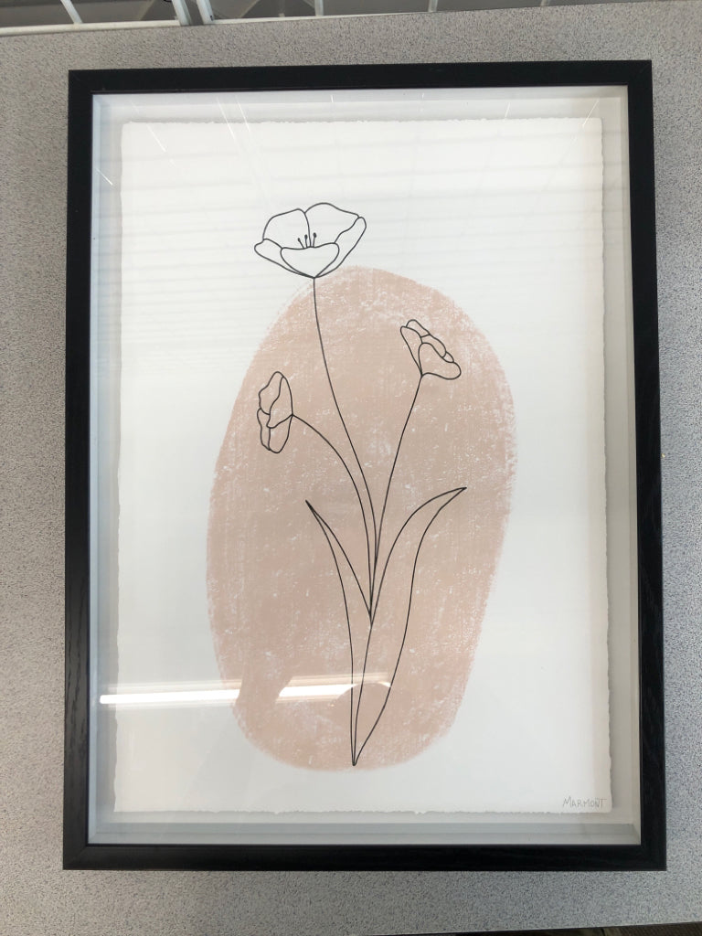 LINE ART FLOWER W/PINK BG IN BLACK FRAME.