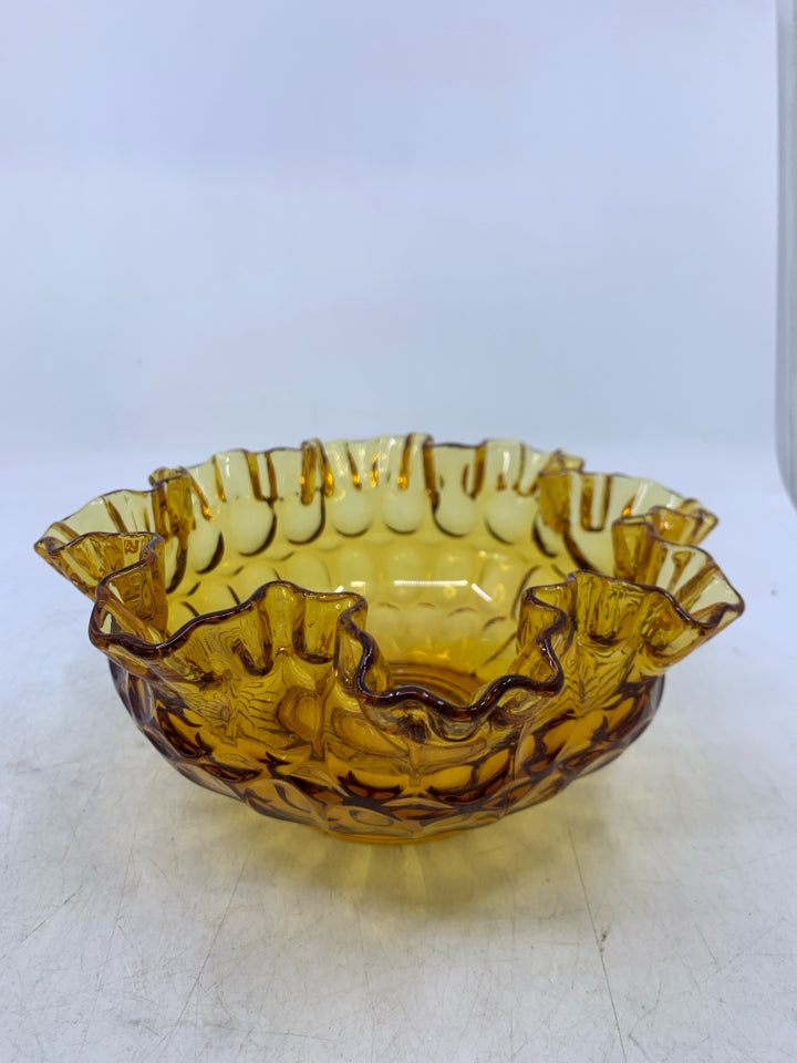 AMBER THUMBPRINT GLASS CANDY DISH W/ RUFFLED EDGE.