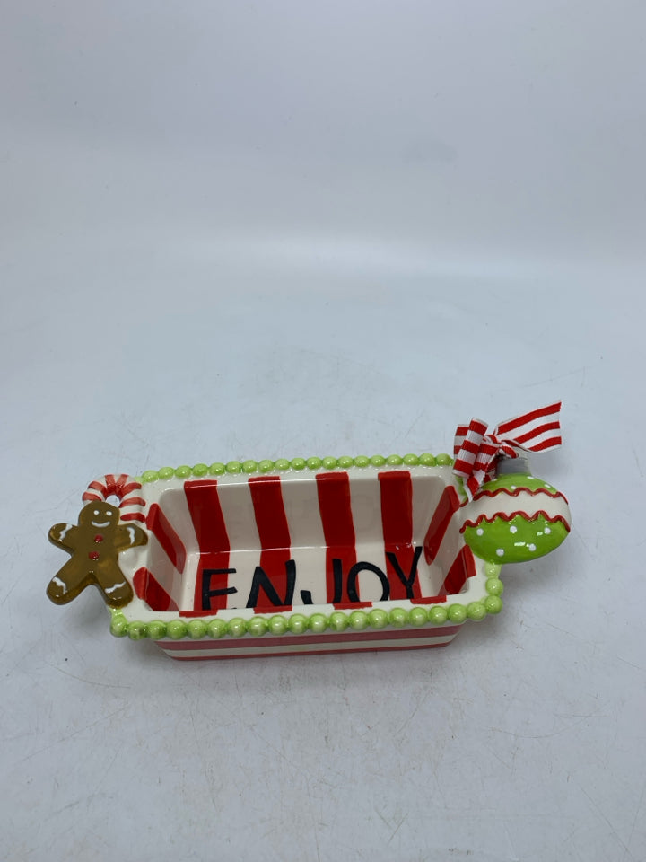 SMALL "ENJOY" MINI LOAF PAN STRIPED W/ GREEN BEADED EDGE MUDPIE.